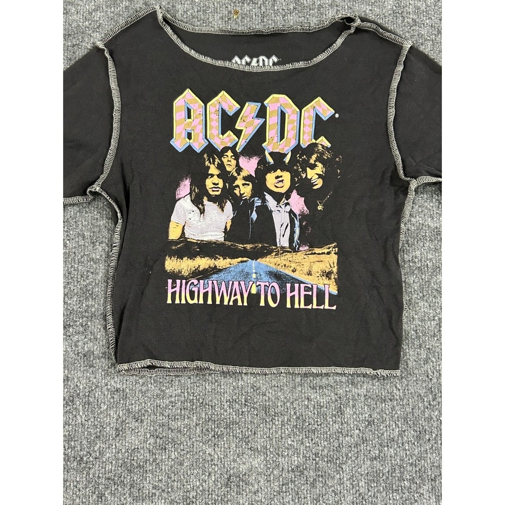 AC/DC T-Shirt Womens Size S Black Highway To Hell Graphic Crop Exposed Stitching